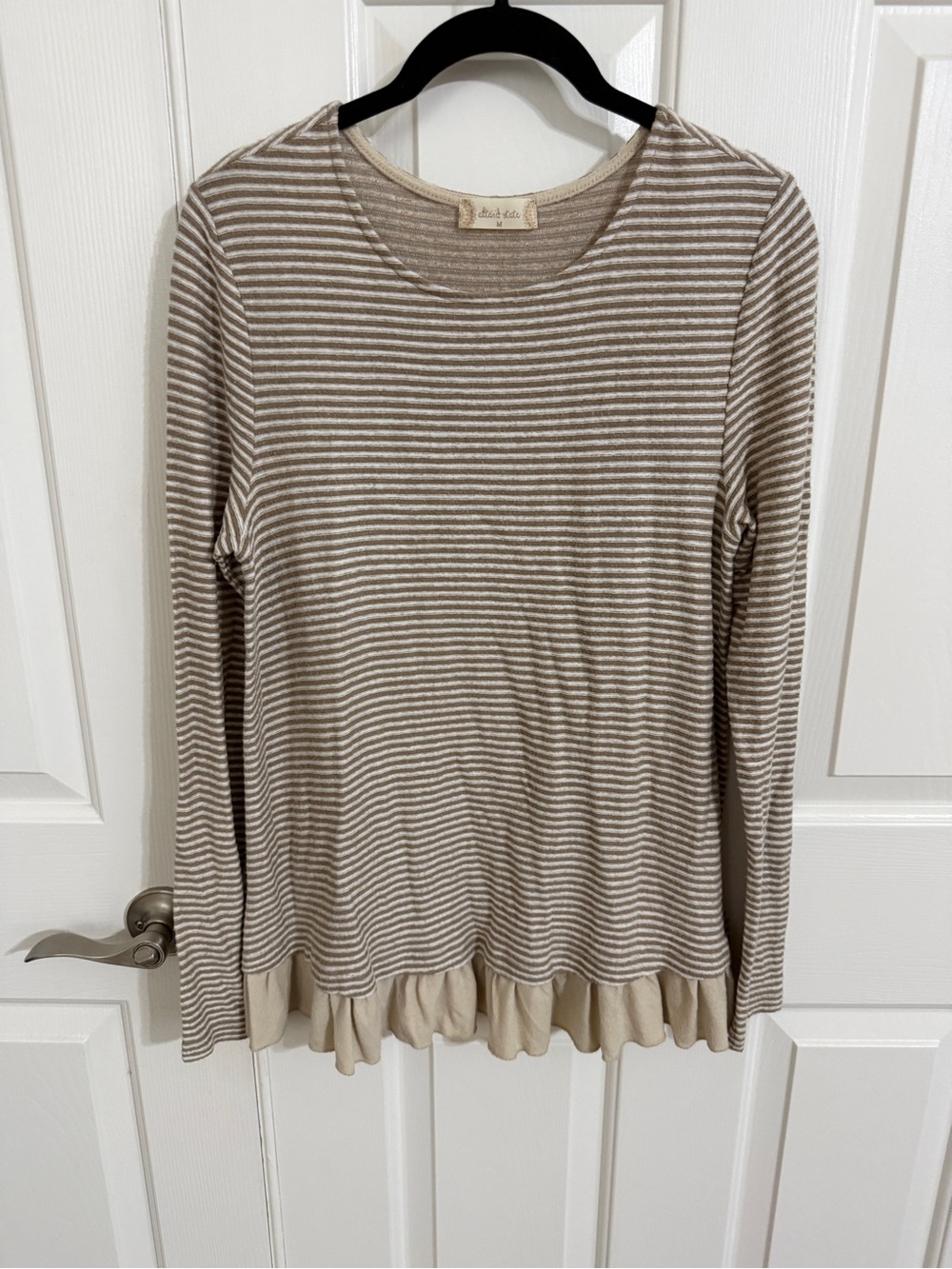 Altar’d State M Tan Cream Striped Long Sleeve Top with Ruffle Hem